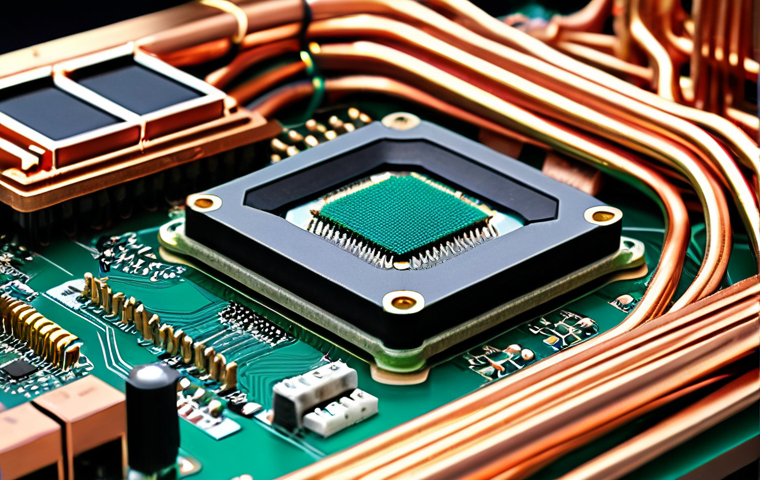 **
A close-up shot of a complex circuit board. Copper wires are intricately woven across the surface, connecting various silicon-based microchips. An aluminum heat sink is prominently featured, radiating heat. Golden connectors gleam in the light, highlighting the precision of the electronic components. The overall aesthetic is modern and high-tech, emphasizing the essential role of metals and semiconductors in modern technology.
**