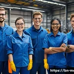 금속재료 자격증 시험 일정 - **Prompt:** A diverse group of four young, confident engineers (two males, two females) in a cutting...