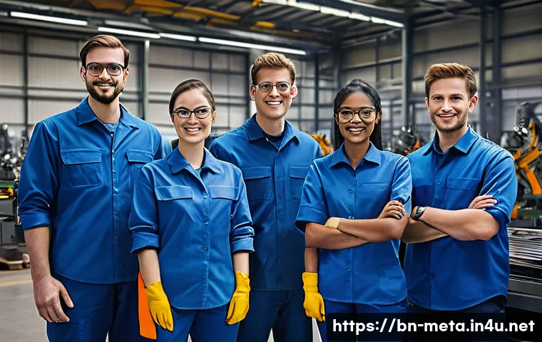 금속재료 자격증 시험 일정 - **Prompt:** A diverse group of four young, confident engineers (two males, two females) in a cutting...